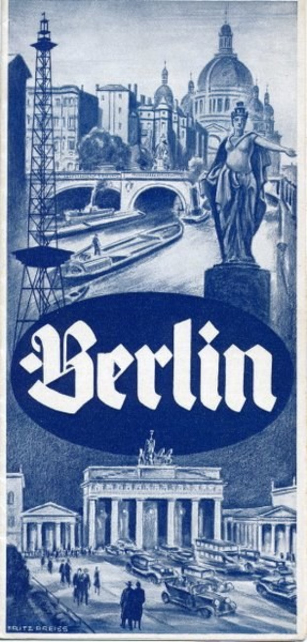 Plakatwerbung Berlin, Deutschland, mit einer Statue, Gebäuden, einem Turm, Menschen, Fahrzeugen auf der Straße, einer Brücke und Text mit Informationen zur Stadt.