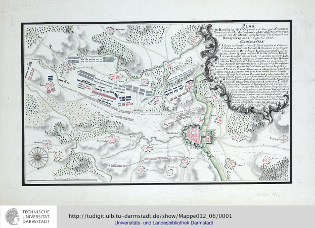 Eine detaillierte Karte der Schlacht von Darmstadt mit Text, der Städte und Schlachtorte beschreibt, sowie einem Schild-Logo mit einem zentralen Löwen unten.