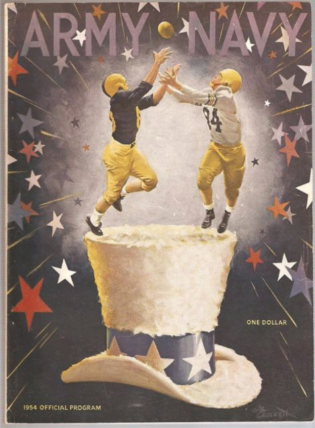 Plakat von zwei Füßballspielern in gelben Uniformen und Helmen, die einen Ball fangen, mit dem Text "1954 Army Navy Football Program" oben und einem sternenklaren Hintergrund.
