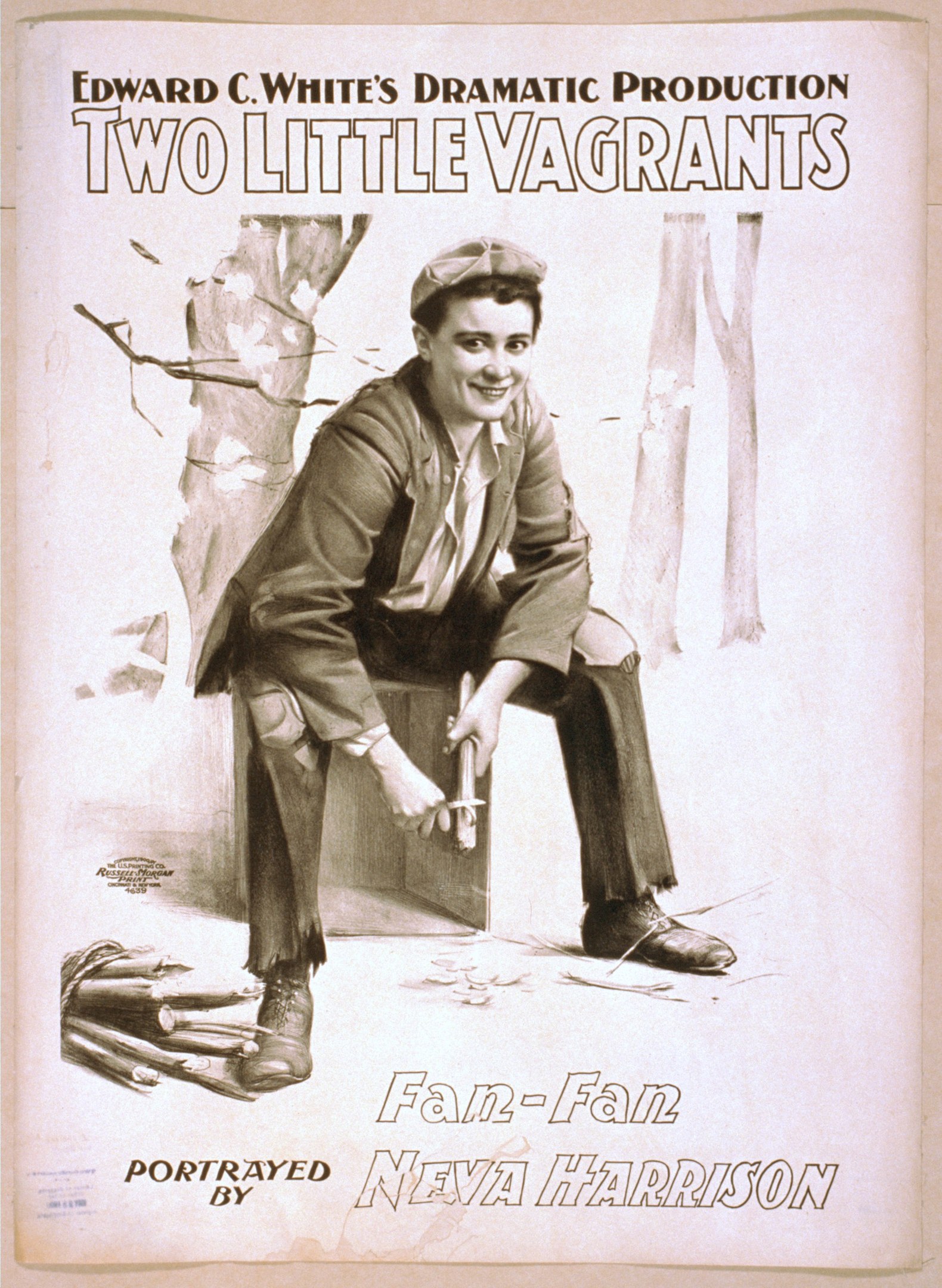 Plakat mit einer Person auf einer Kiste sitzend und lachend, wahrscheinlich aus einem Film namens "Zwei kleine Vagabunden."