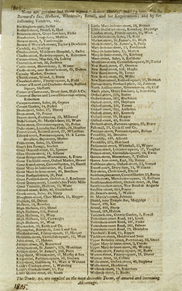 Eine alte, vergilbte Buchseite aus einem Handelsbericht von 1805, die eine sauber handgeschriebene Liste von Handelsdetails in Schreibschrift zeigt, die in Abschnitte mit Händlernamen, Daten und Preisen unterteilt ist.
