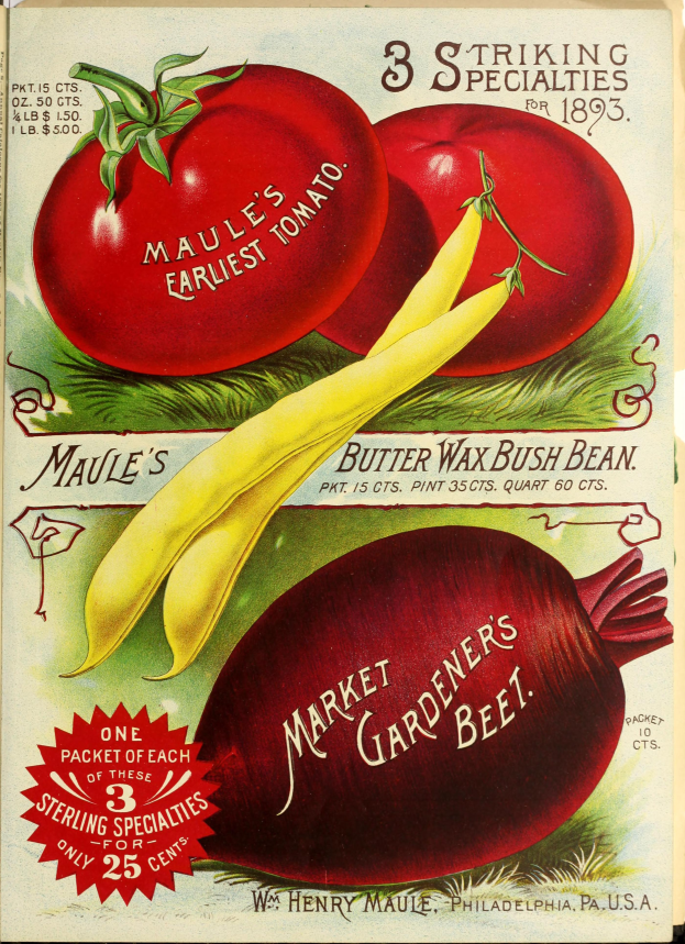 Ein Vintage-Stil-Plakat mit einer Vielfalt an bunt gefärbten Gemüsen, darunter Tomaten und Rote Bete, die in einem angenehmen Muster mit überlappenden Elementen angeordnet sind, und der Text "Marktgärtner's Beet" in einer fetten Schrift oben.