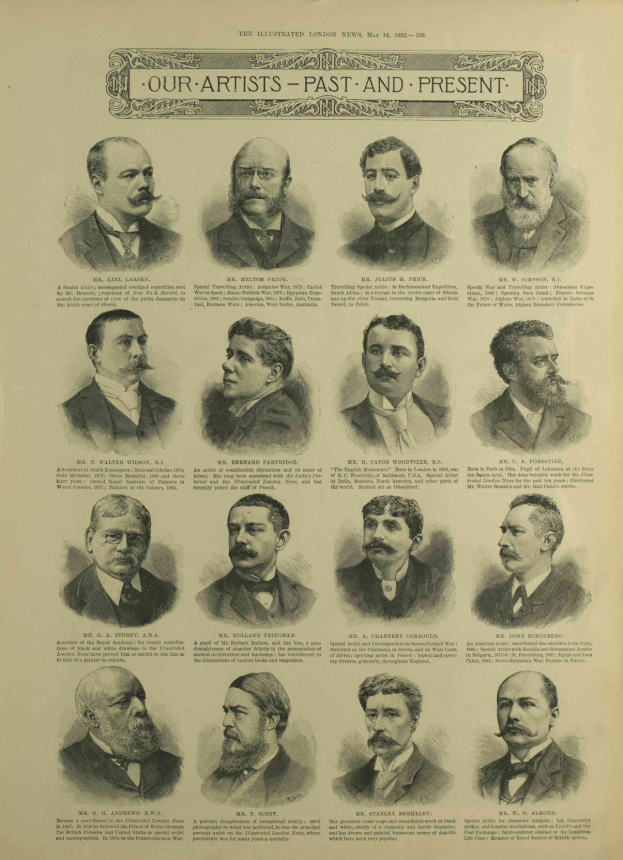 Eine Sammlung von illustrierten Gesichtern aus verschiedenen Epochen, Altersklassen, Geschlechtern und Ethnien, betitelt mit 'Unsere Künstler - Vergangenheit und Gegenwart' in einem alten Buch.