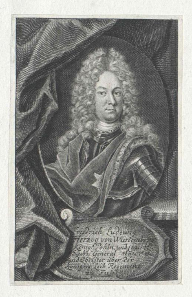 Ein schwarz-weißes Gravurporträt eines ernst dreinblickenden Mannes mit langen Locken, identifiziert als Ludwig von Würzburg, der eine Rüstung trägt.