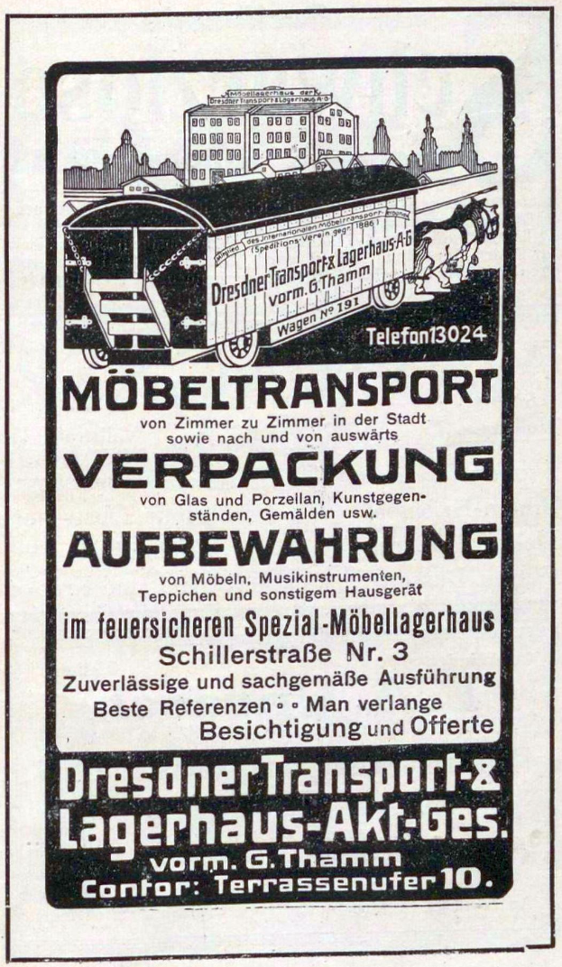 Werbung für Dresdner Transport & Lagerhaus-Akt-Ges mit einem Zug und Gebäuden im Hintergrund.