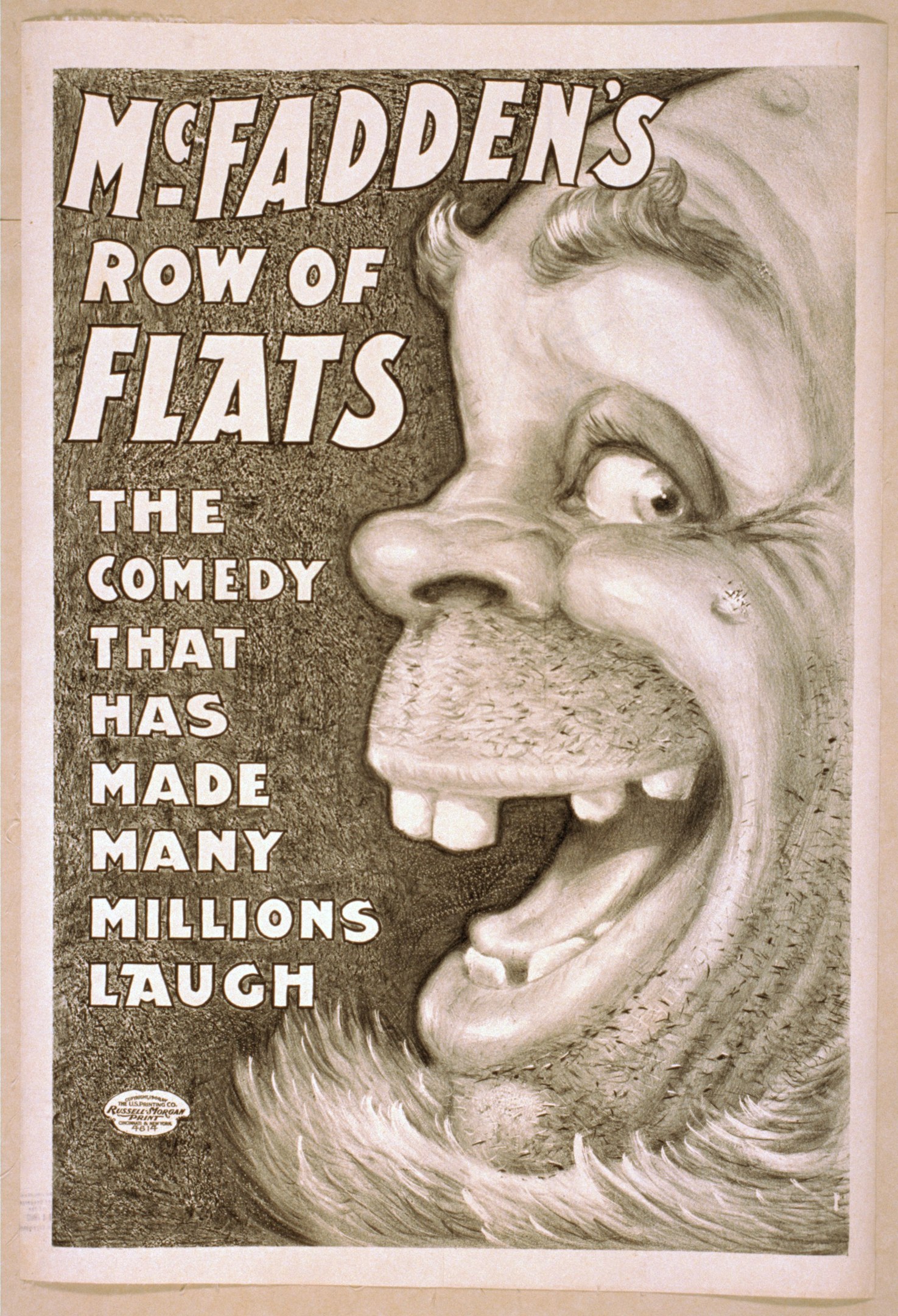 Plakat mit einem lachenden Menschen mit wilden Haaren auf gelbem Hintergrund, das 'McFadden's Row of Flats: The Comedy That Has Made Many Millions Laugh' bewirbt.