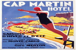 Ein Vintage-Plakat, das das Cap Martin Hotel in Monte Carlo, Frankreich, bewirbt und eine Frau in einem Badeanzug zeigt, umgeben von Menschen, Wasser, Hügeln und einem Gebäude, mit Text.