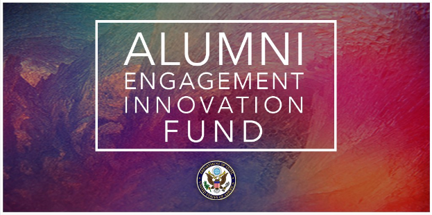 Logo für den Alumni Engagement Innovation Fund auf einem lebhaften, bunten Hintergrund mit dem Namen des Fonds drumherum.