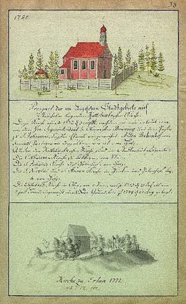 Altes Buch mit einer roten Hausillustration umgeben von Bäumen und einem Zaun, betitelt "Deutsche Schule in den Niederlanden, 1777".