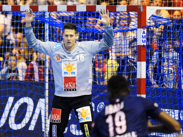 Ein Handballspieler hebt die Hände in der Nähe eines Tores bei der Futsal-Weltmeisterschaft 2019, mit Zuschauern im Hintergrund und einem Banner und Netz im Vordergrund.