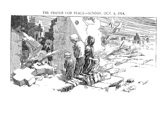 Eine Schwarz-Weiß-Zeichnung einer Gruppe von Menschen im Gebet, mit gefalteten Händen, die vor einem hohen Gebäude stehen, unter einem tiefblauen Himmel mit untergehender Sonne, und der Text 'Der Gebetstag für den Frieden, 4. Oktober 1914' oben.