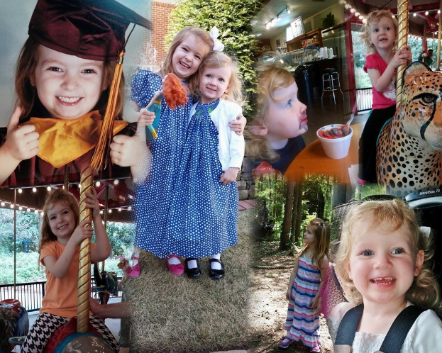 Ein Collage-Bild mit Vergnügungspark-Fahrgeschäften, einem Tisch mit Essensgegenständen einschließlich eines Bechers und Löffels, verschiedenen Gegenständen, Lichtern, einer Wand, Büschen, Bäumen, Gras, einem Seil und einem Hut.