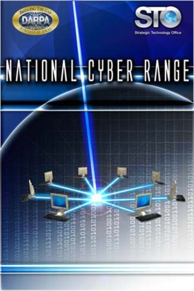 Plakat mit der Aufschrift "Nationales Cyber-Range" auf blauem Hintergrund, das eine Weltkugel mit mehreren angeschlossenen Computern zeigt.