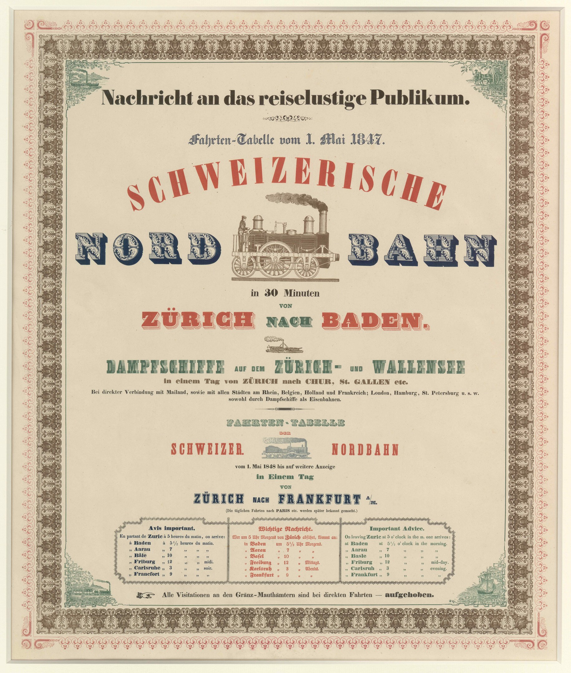 Plakat mit einem Zug in der Mitte auf einem hellgelben Hintergrund mit schwarz-weißem Karomuster, Text "Schweizerische Nordbahn in Baden, Deutschland" in fetter schwarzer Schrift mit einem dekorativen Rahmen.