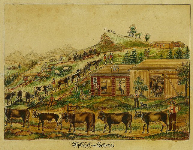 Gem"alde einer Farm-Szene mit grasenden K"uen im Vordergrund, umgeben von H"usern, B"umen, H"geln und Menschen, mit Text unten.