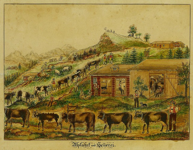 Gem"alde einer Farm-Szene mit grasenden K"uen im Vordergrund, umgeben von H"usern, B"umen, H"geln und Menschen, mit Text unten.