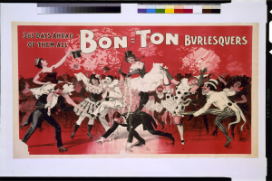 Ein Vintage-Plakat mit einer Gruppe von Menschen in bunten Kostümen, die tanzen, mit dem Text "Bon-Ton Burlesquers - 365 Tage über allen" über ihnen.