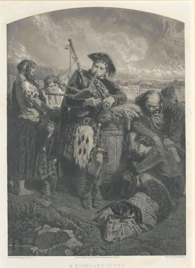 Schwarze und weiße Gravur eines Mannes, der eine Dudelsackpfeife vor einer Gruppe von Menschen spielt, mit einem bewölkten Himmel und der Inschrift "Ein Highland-Pfeifer" unten.