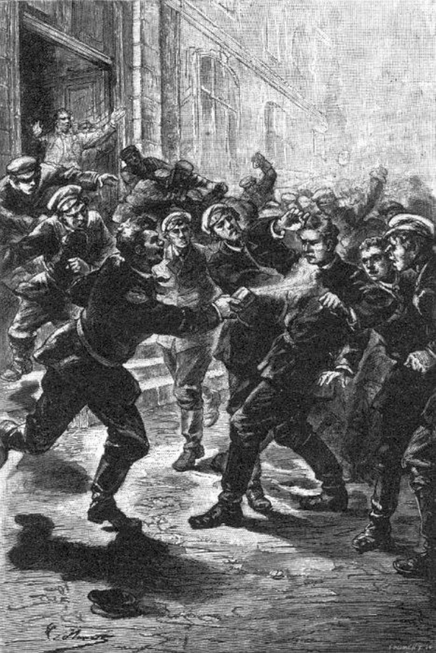 Schwarz-weiß-Illustration einer gewalttätigen Straßenprügelei zwischen Gruppen von Männern in viktorianischem London, mit einem Gebäude im Hintergrund und der Beschriftung "Victorian riots in London, England" unten.