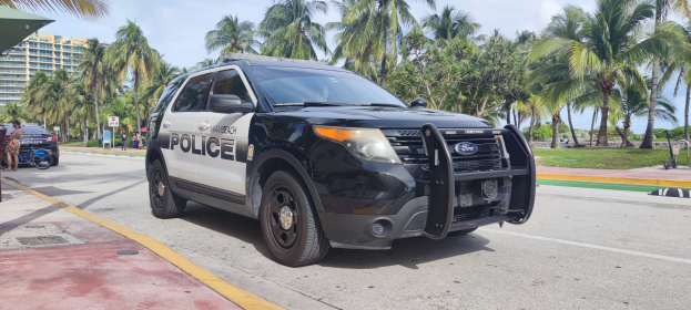 Polizeiauto am Straßenrand mit Menschen, Fahrrädern, Gras, Bäumen, Gebäuden und einem klaren blauen Himmel im Hintergrund; das Vorderrad des Autos ist sichtbar.
