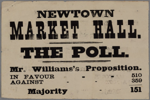 Papier mit handgeschriebenem Text, der "Newtown Market Hall, die Wahl, Mr. Williams' Vorschlag für gegen Mehrheit" liest.