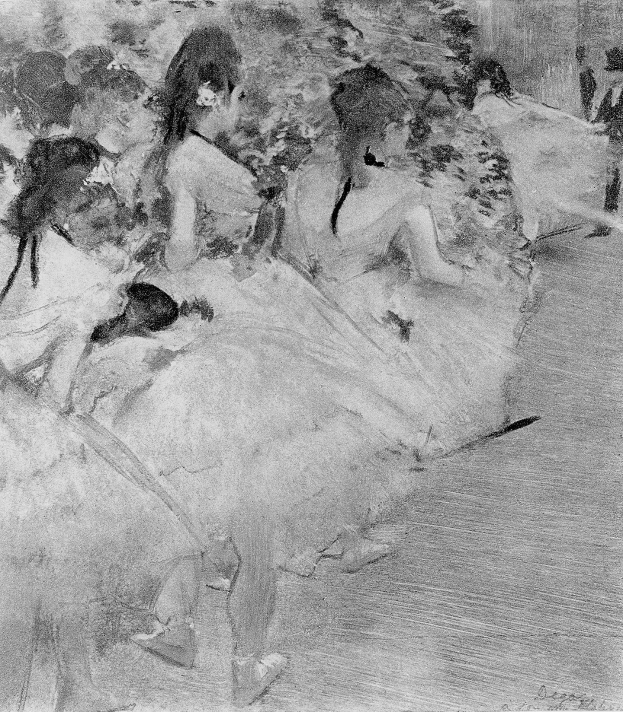 Eine Schwarz-Weiß-Zeichnung einer Gruppe von Tänzerinnen in einem Studio, mit einer Tänzerin im Zentrum, alle tragen farbenfrohe Tutus und Pointe Schuhe, vor einem unscharfen Hintergrund mit Text unten.