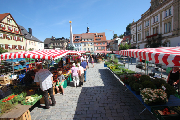 Ein belebter Markt im alten Stadtkern von Heidelberg mit Menschen, die spazieren gehen, auf Bänken sitzen und in der Nähe von Zelten stehen, mit Gemüsekörben auf Tischen, Gebäuden mit Fenstern, Bäumen und einem klaren blauen Himmel im Hintergrund.