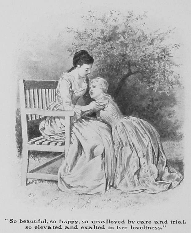 Eine Frau und ein Kind auf einer Bank unter einem Baum sitzend, mit Text unten.