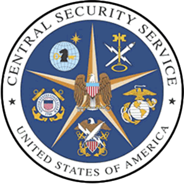 Ein Schild mit einem blauen Hintergrund, einem weißen Stern in der Mitte und der Inschrift 'Zentraler Sicherheitsdienst' in weißer Schrift, umgeben von einem weißen Rand mit dem Stern in blau.