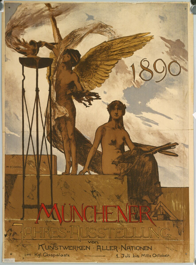 Ein Plakat an einer Gebäudewand in München, Deutschland, das ein Gemälde von zwei geflügelten Figuren und Text zeigt.